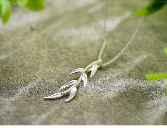 Sterling Silver Long Branch and Leaves Pendant. Chain and Necklace for Women